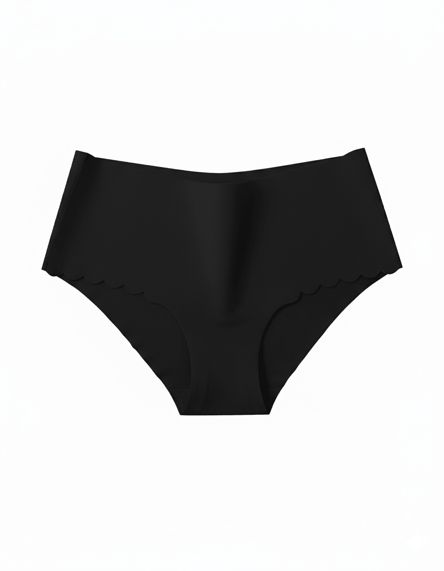 Black seamless no-show panties with scalloped edges on a white background