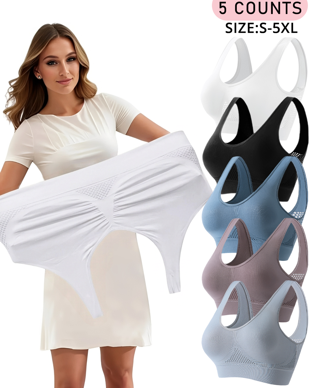 Lumisensy®  Plus Size Up to 5XL Curvy Breathable Hollow Out Wireless Bra (5 Pack)
