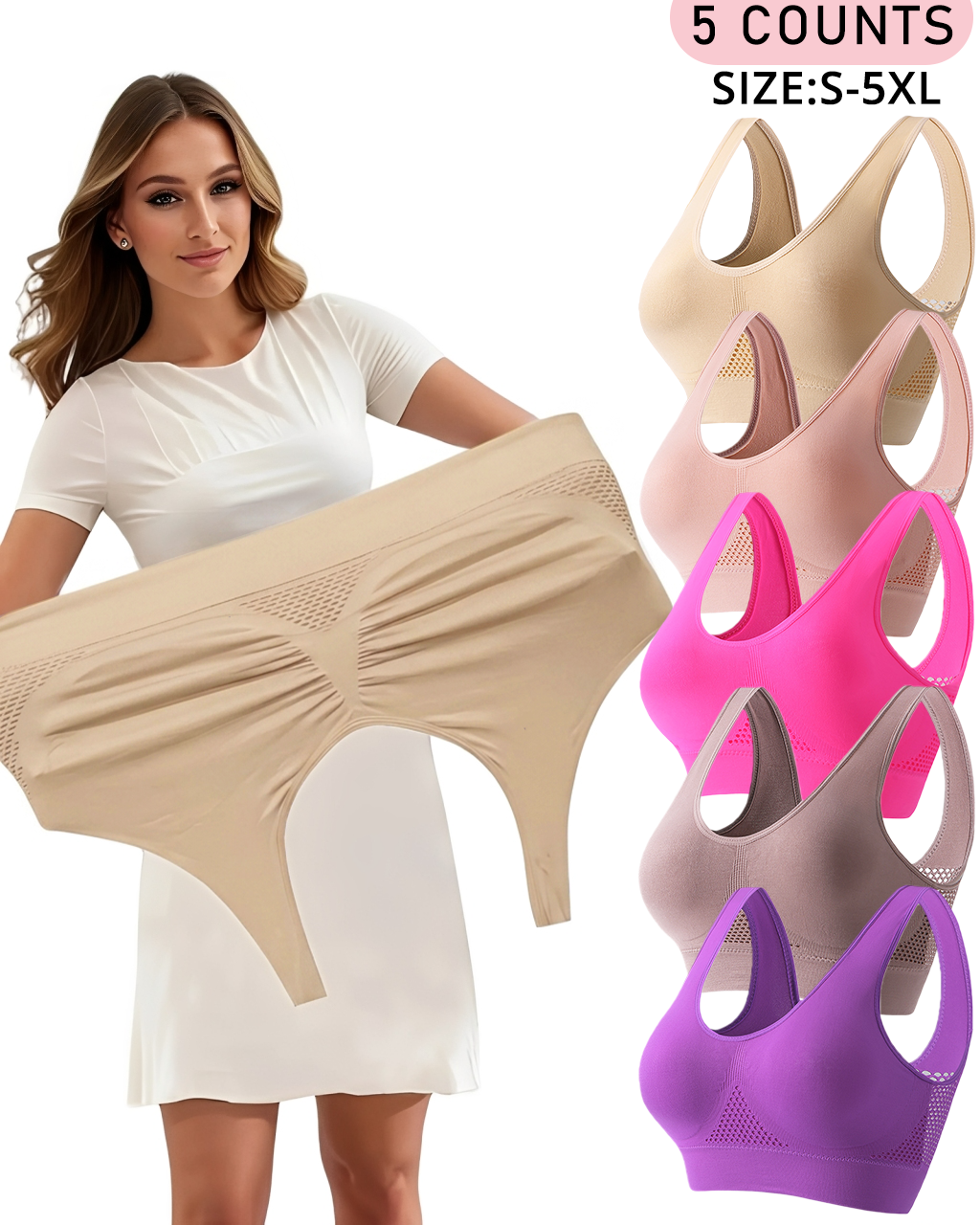 Lumisensy®  Plus Size Up to 5XL Curvy Breathable Hollow Out Wireless Bra (5 Pack)