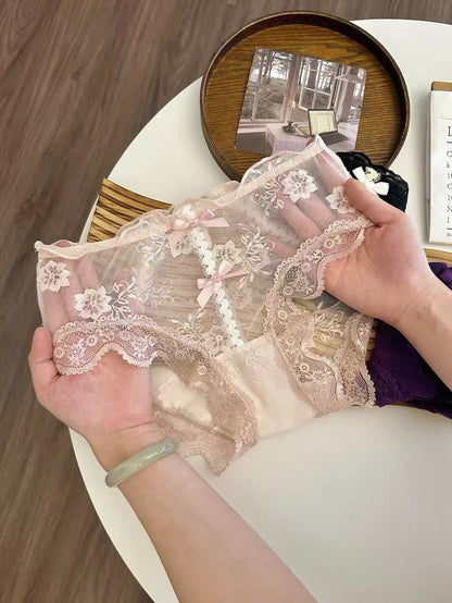 Lumisensy® Sheer Floral Lace Bow Panties with Cotton Gusset