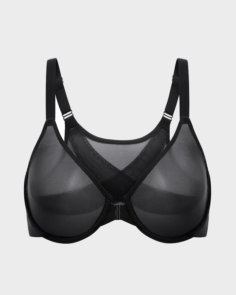 Front Closure Mesh Support Bra in Black - Everyday Comfort | Lumisensy