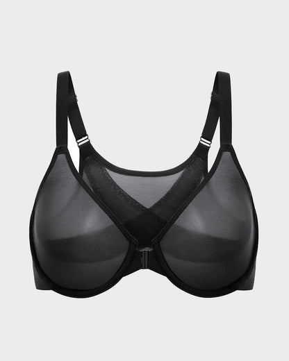 Front Closure Mesh Support Bra in Black - Everyday Comfort | Lumisensy