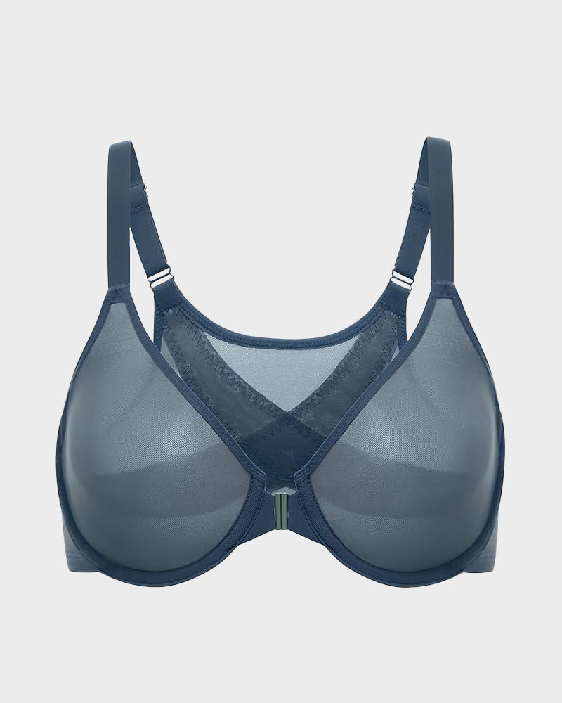 Front Closure Mesh Support Bra in Black - Everyday Comfort | Lumisensy