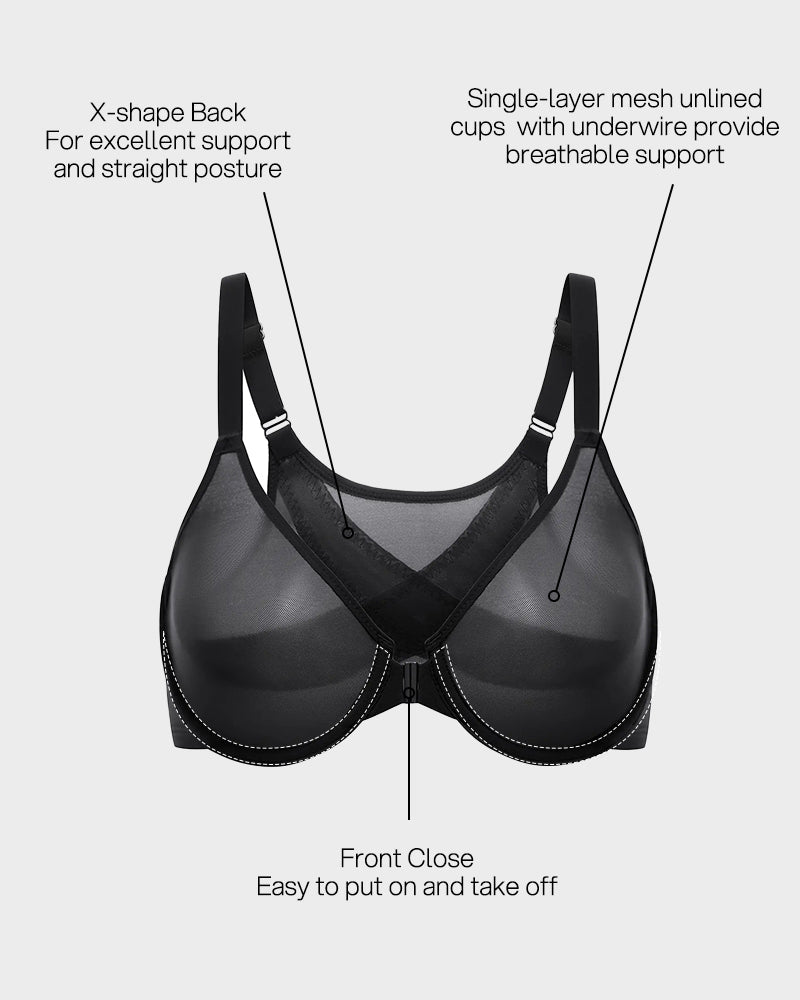 Front Closure Mesh Support Bra in Black - Everyday Comfort | Lumisensy