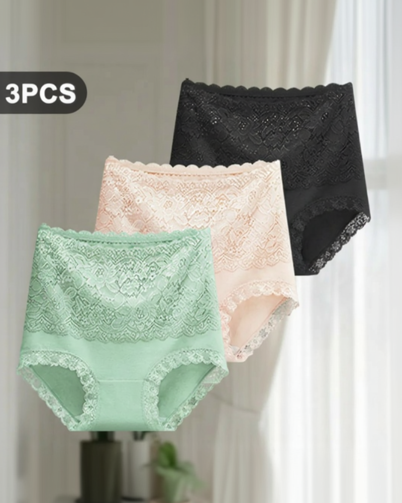 Floral Lace High-Waist Cotton Briefs 3-Pack Black Gray Purple - Soft Cotton | Lumisensy