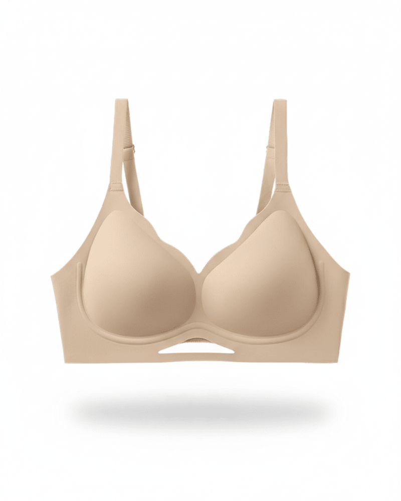 Beige wireless plunge bra with breathable mesh detail and adjustable straps, front view