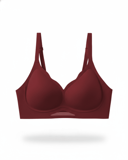 Burgundy wireless plunge bra with breathable, seamless design on white background