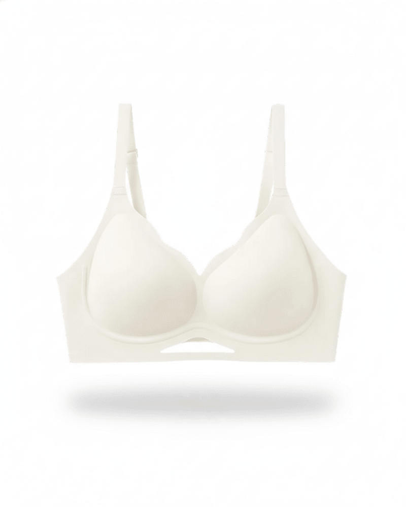 Beige wireless plunge bra with adjustable straps and breathable seamless cups on white background.