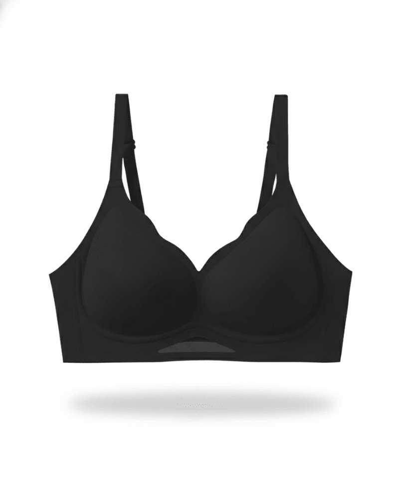 Black no-wire plunge bra with breathable mesh detail and adjustable straps
