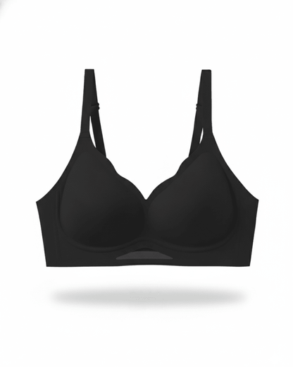 Black no-wire plunge bra with breathable mesh detail and adjustable straps