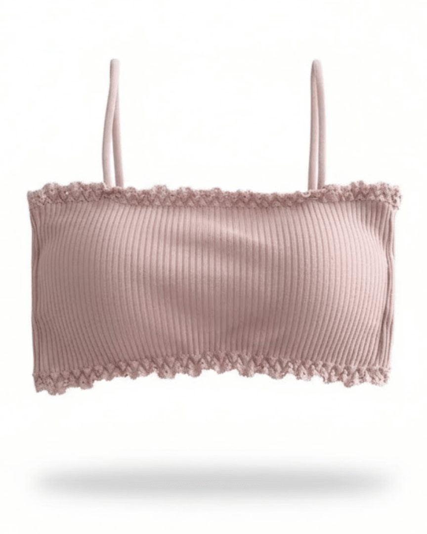 Seamless wireless cotton bra top in light pink with ribbed texture and lace trim