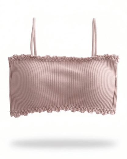 Seamless wireless cotton bra top in light pink with ribbed texture and lace trim