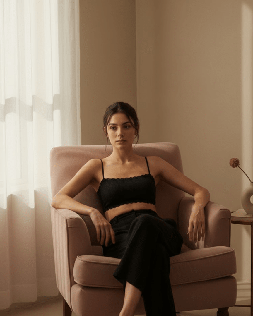 Woman wearing black seamless wireless cotton bra sitting in a cozy armchair