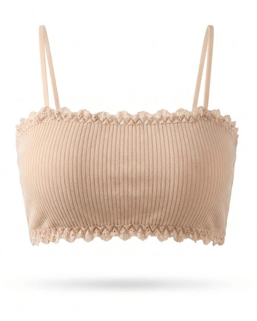 Seamless beige cotton wireless bra with lace trim and thin straps on white background