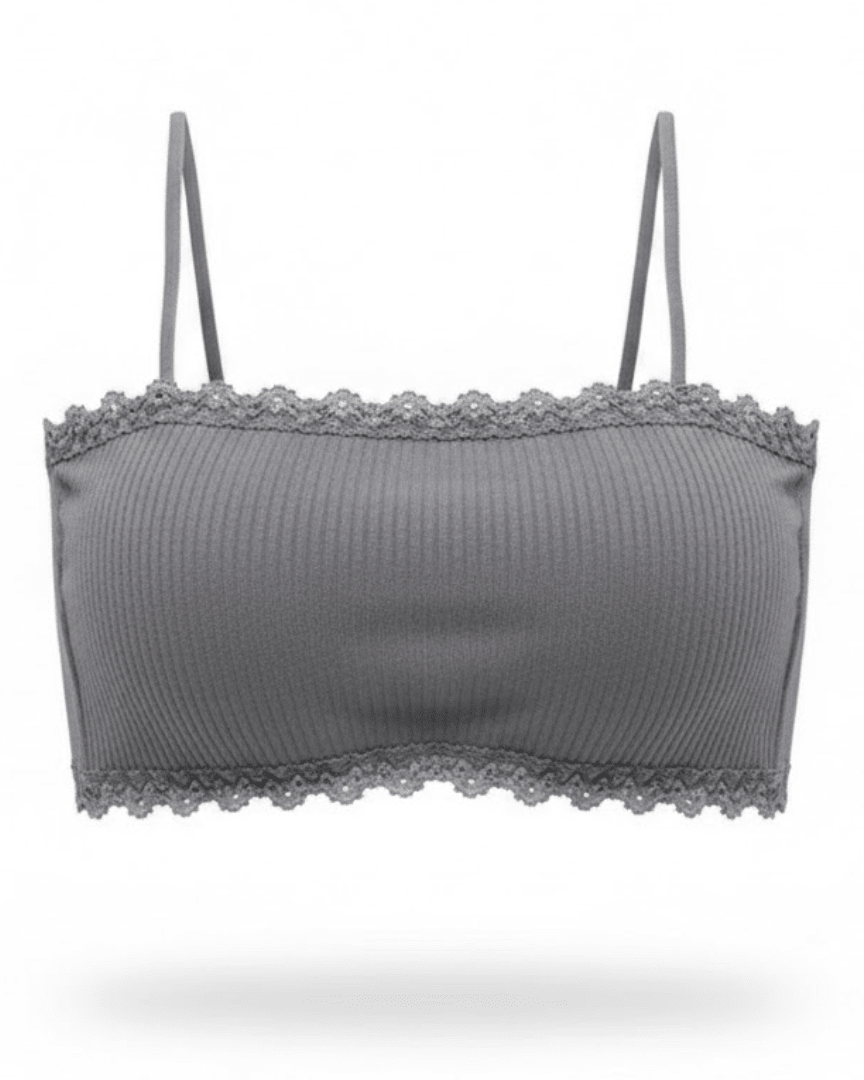 Seamless wireless grey cotton bra with thin straps and lace trim, front view