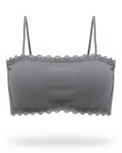 Seamless wireless grey cotton bra with thin straps and lace trim, front view