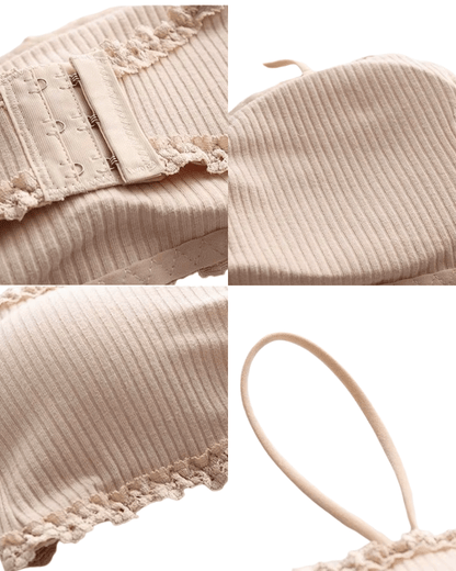 Beige seamless cotton wireless bra with ribbed texture, lace trim, adjustable straps, and hook closure.