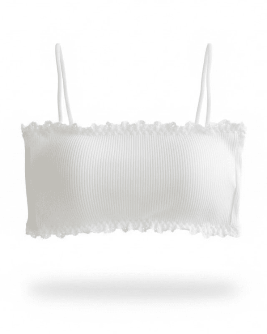 White seamless cotton wireless bra top with ribbed texture and delicate lace trim