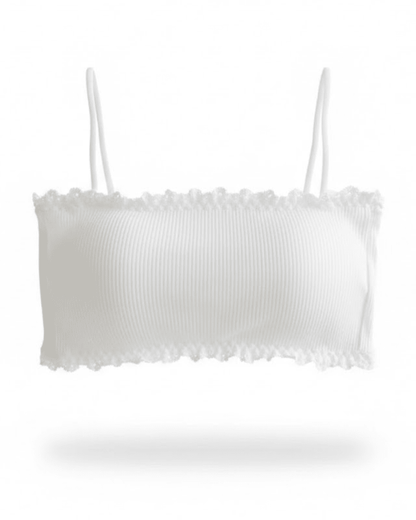 White seamless cotton wireless bra top with ribbed texture and delicate lace trim