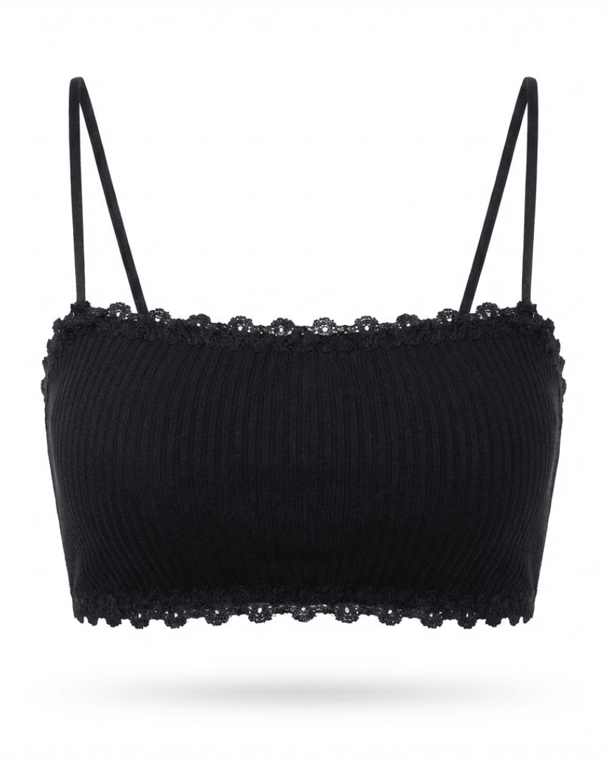 Black seamless cotton bralette with lace trim and thin straps, wireless design