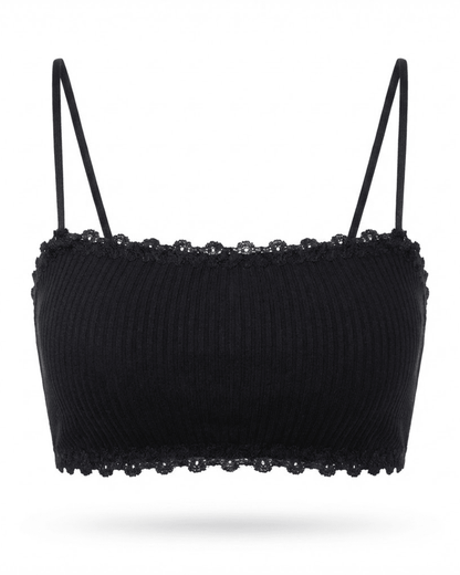Black seamless cotton bralette with lace trim and thin straps, wireless design