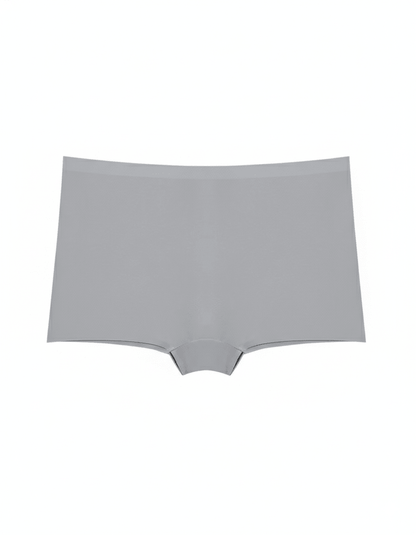Seamless grey ice silk boyshort panties with smooth finish on white background