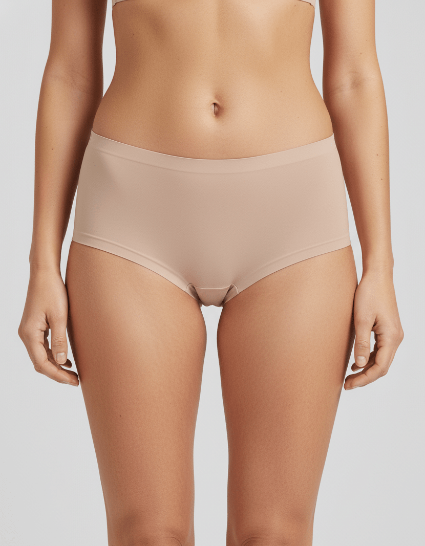 Seamless nude ice silk boyshort underwear on model, comfortable and smooth fit