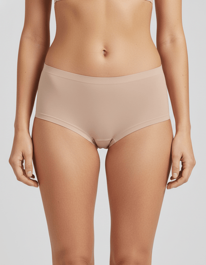 Seamless nude ice silk boyshort underwear on model, comfortable and smooth fit