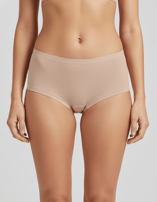 Seamless nude ice silk boyshort underwear on model, comfortable and smooth fit