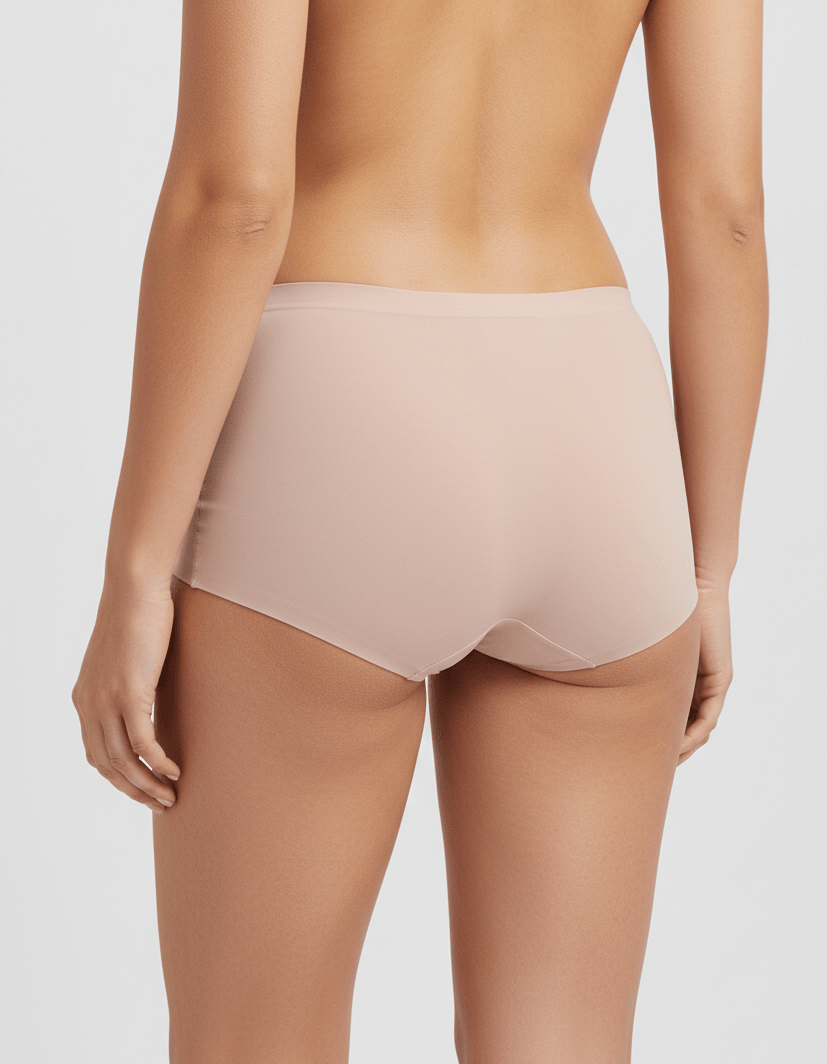 Back view of woman wearing seamless nude ice silk boyshort underwear