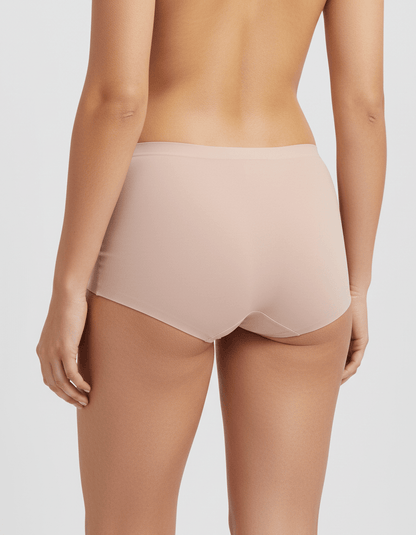 Back view of woman wearing seamless nude ice silk boyshort underwear