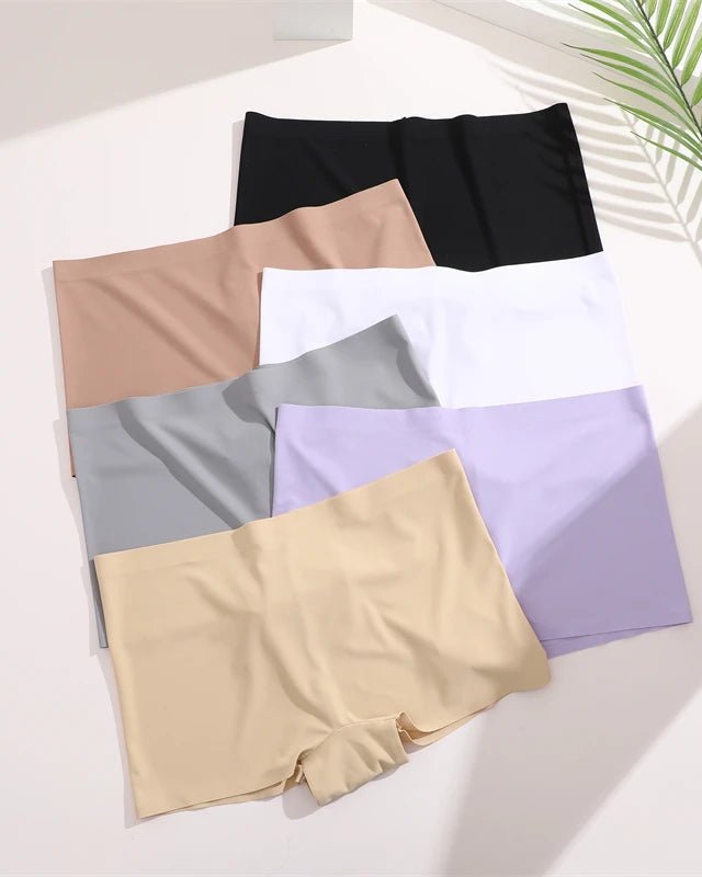 Seamless ice silk boyshort underwear in six colors, displayed flat in bright lighting