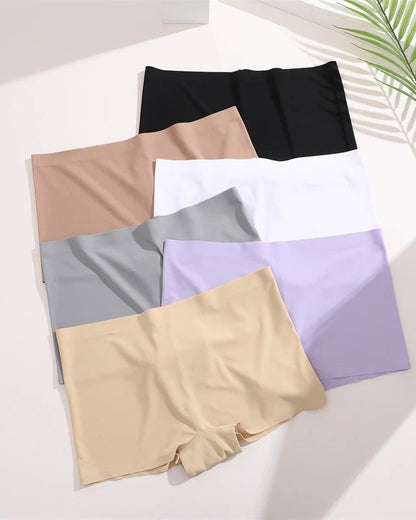Seamless ice silk boyshort underwear in six colors, displayed flat in bright lighting