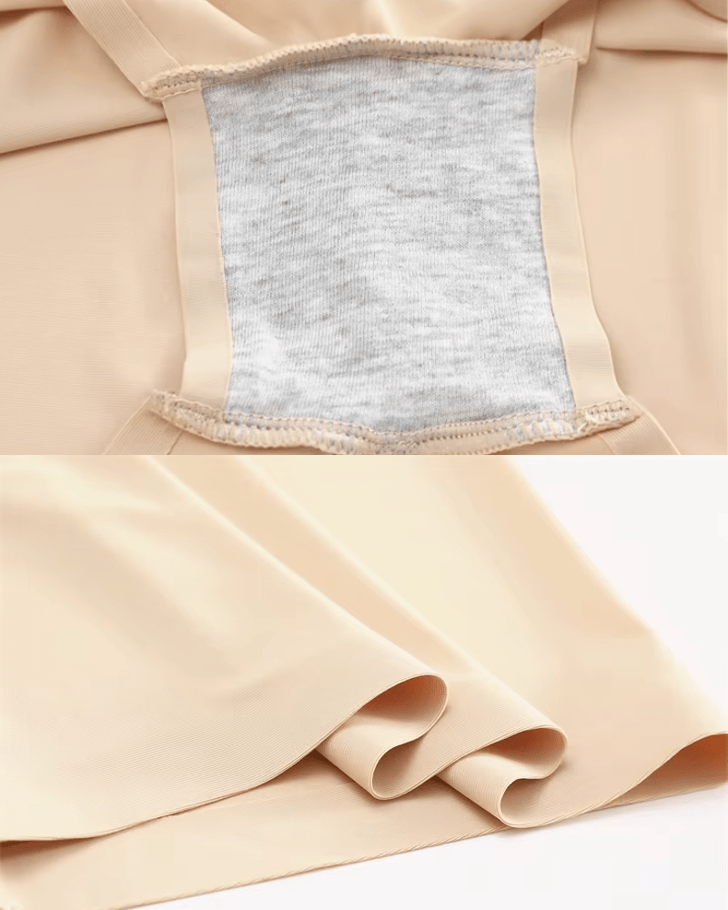 Close-up of seamless nude ice silk boyshorts with cotton gusset and smooth edges