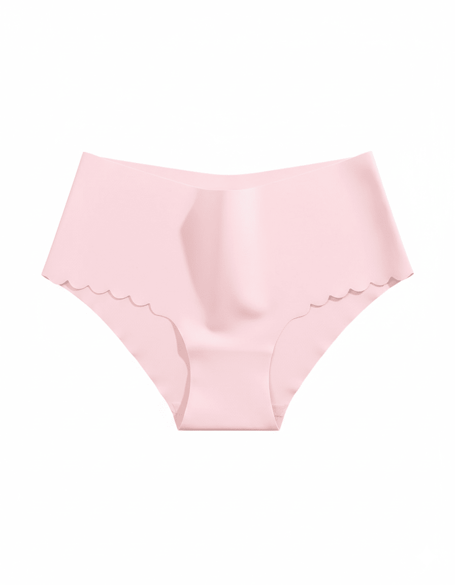 Light pink seamless no show panties with scalloped edges, invisible women's briefs on white background