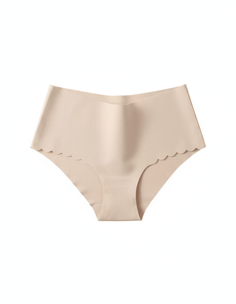 Seamless nude no-show panties with scalloped edges on a white background.