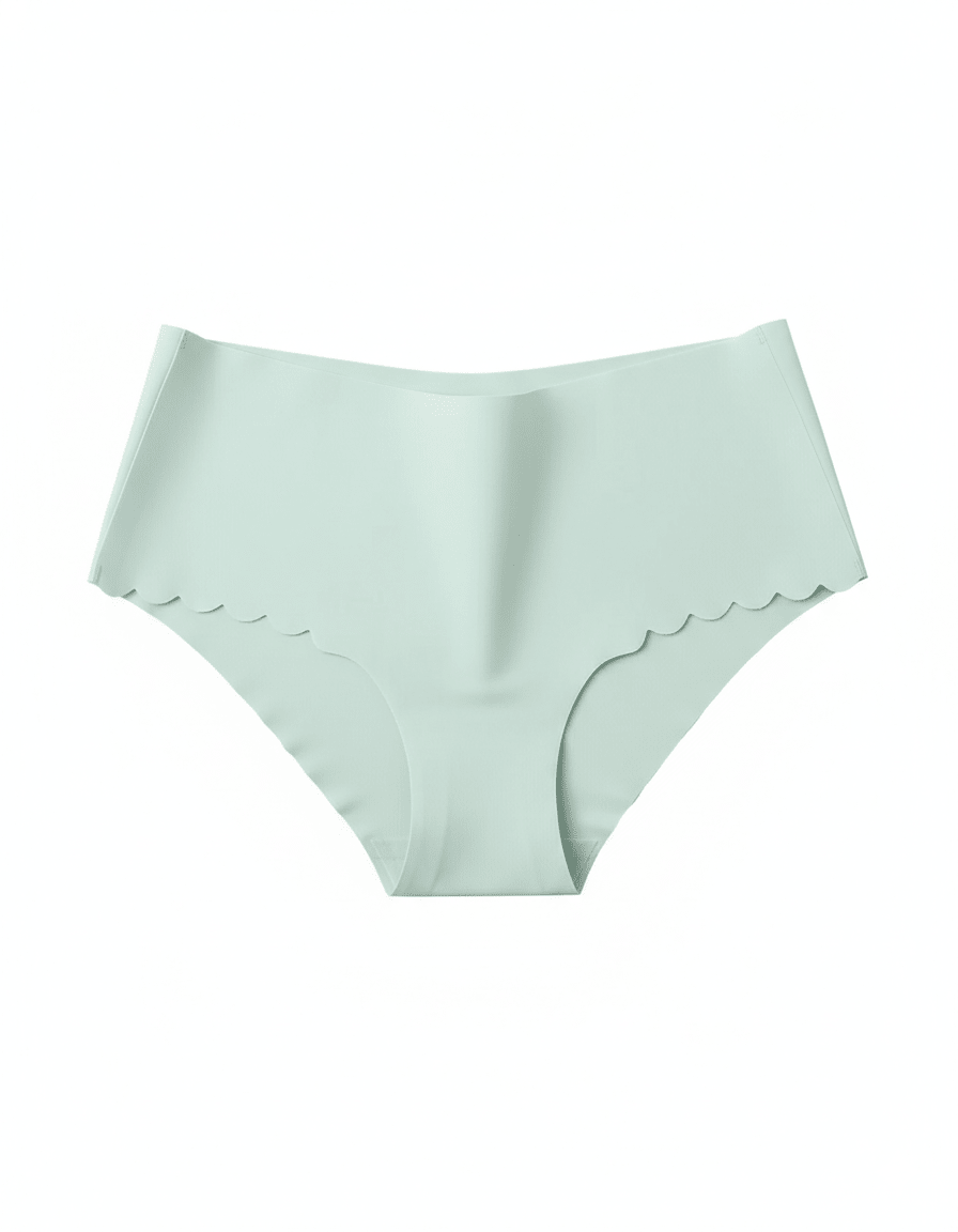 Light green seamless no-show panties with scalloped edges and smooth fabric front view