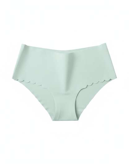 Light green seamless no-show panties with scalloped edges and smooth fabric front view