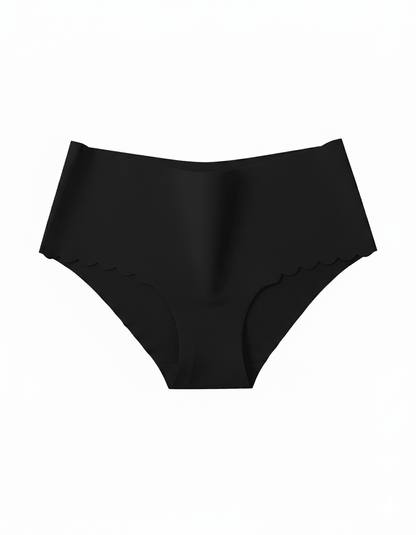 Black seamless no-show panties with scalloped edges on a white background